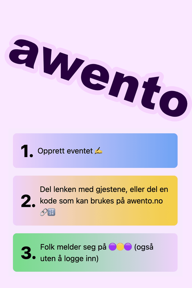 Awento logo og bilde som forklarer applikasjonen med at man kan opprette event og sende bare en link eller PIN kode til eventet