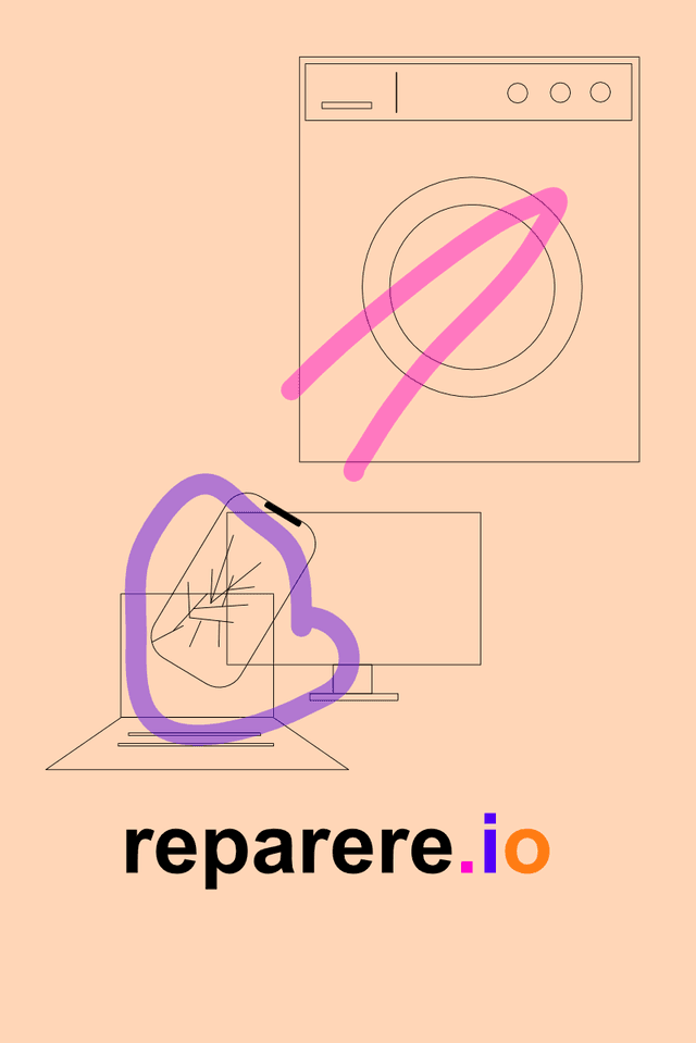 Bilde av en øddelagt vaskemaskin, mobiltelefon og pc, med reparere.io logo
